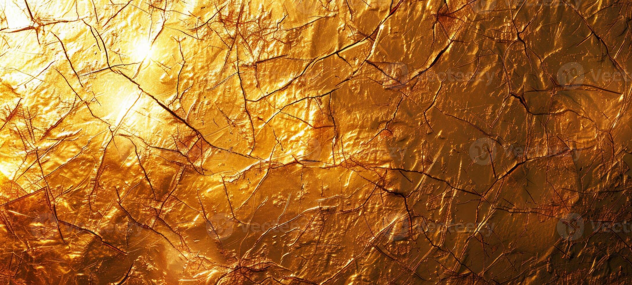 Close-up of textured golden surface with cracks and creases. Concept of luxurious background, abstract art, metallic texture, shiny material. Banner. Copy space photo