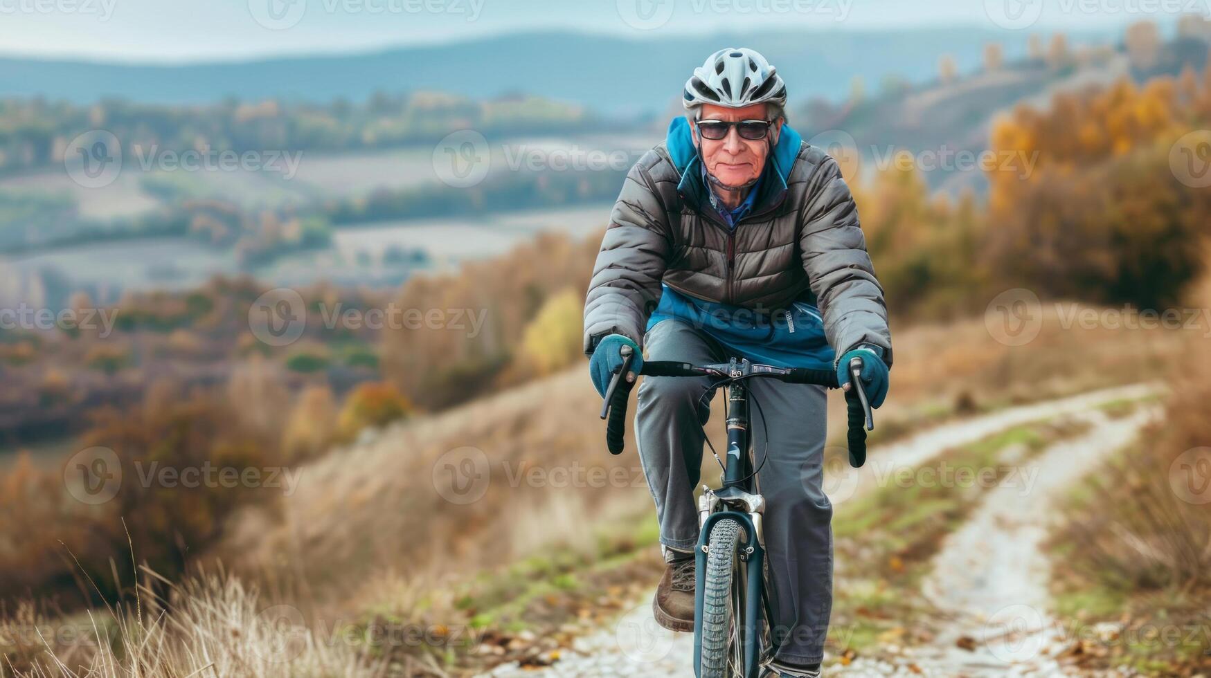 Elderly Caucasian Man with a Joyful Smile Riding a Bicycle in Nature. Concept of Happy Senior Life, Active Lifestyle, Outdoor Adventure, Healthy Aging photo