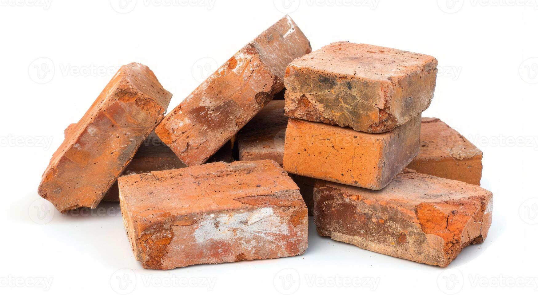 Stack of rustic red bricks in disarray on a white background. Concept of construction materials, building foundation, masonry work, home improvement photo