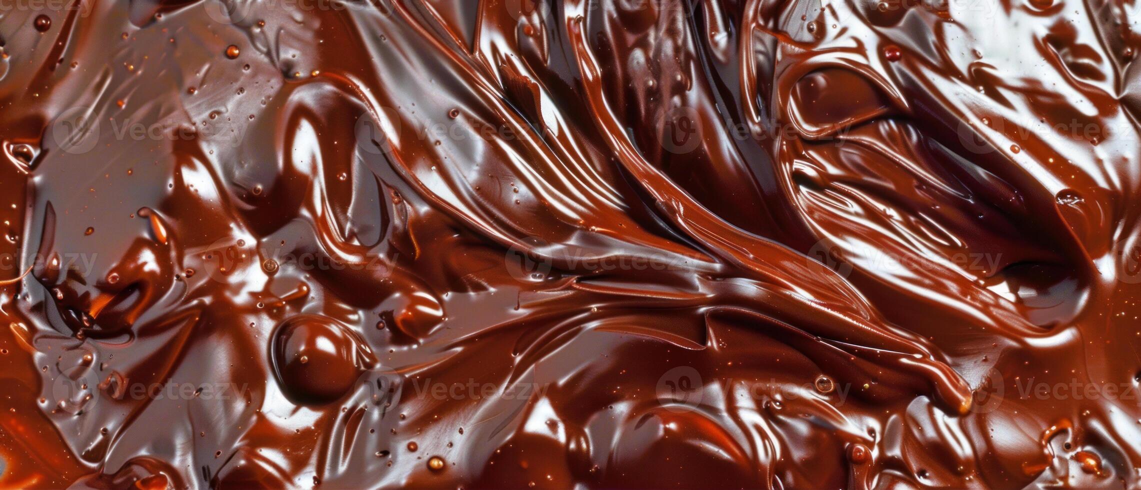 Close-up of melted dark chocolate with swirls and bubbles. Concept of delicious dessert, rich flavor, smooth texture, indulgent treat. Background, banner. Copy space photo