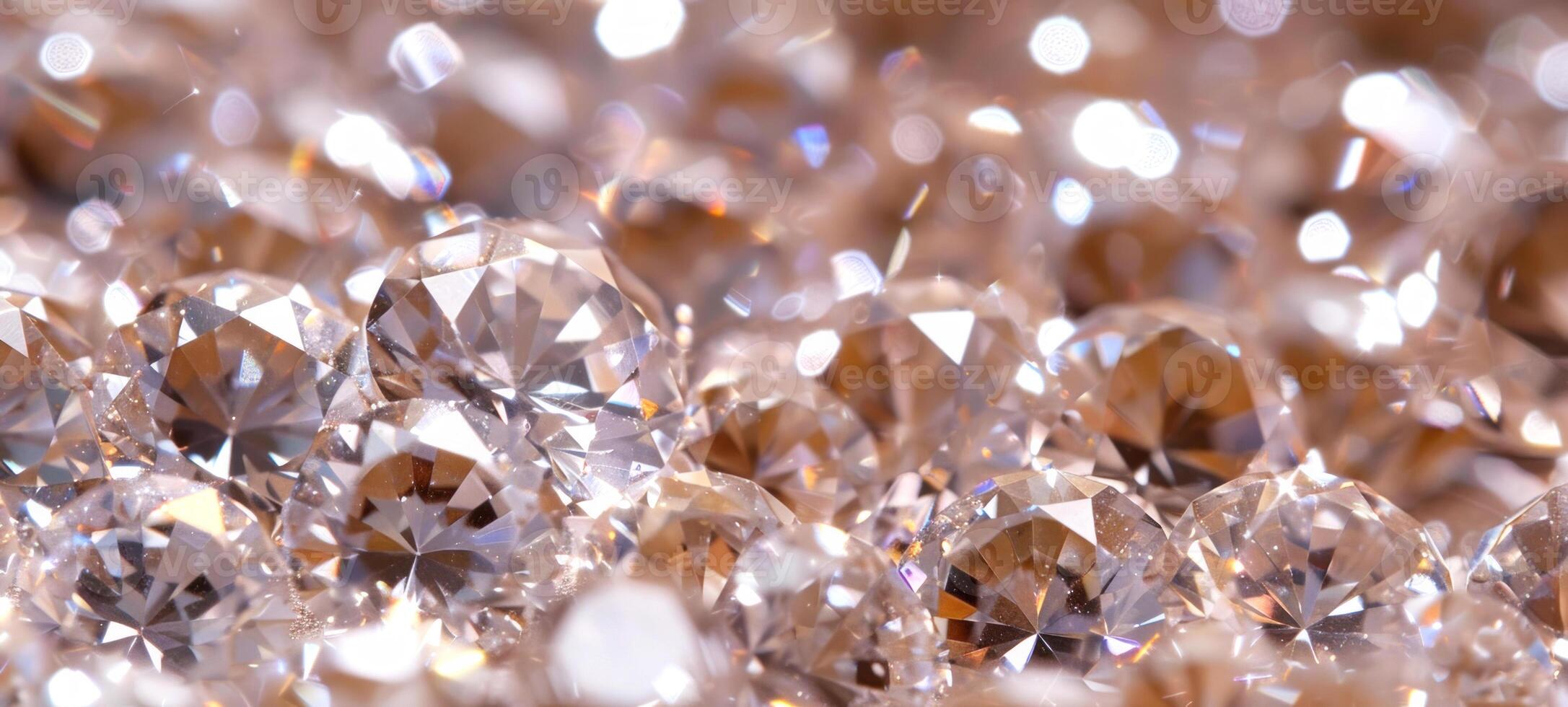 Close-up of sparkling brilliant cut diamonds on a reflective surface. Concept of luxury gemstones, precious jewelry, sparkling brilliance, diamond collection. Background, banner. Copy space photo