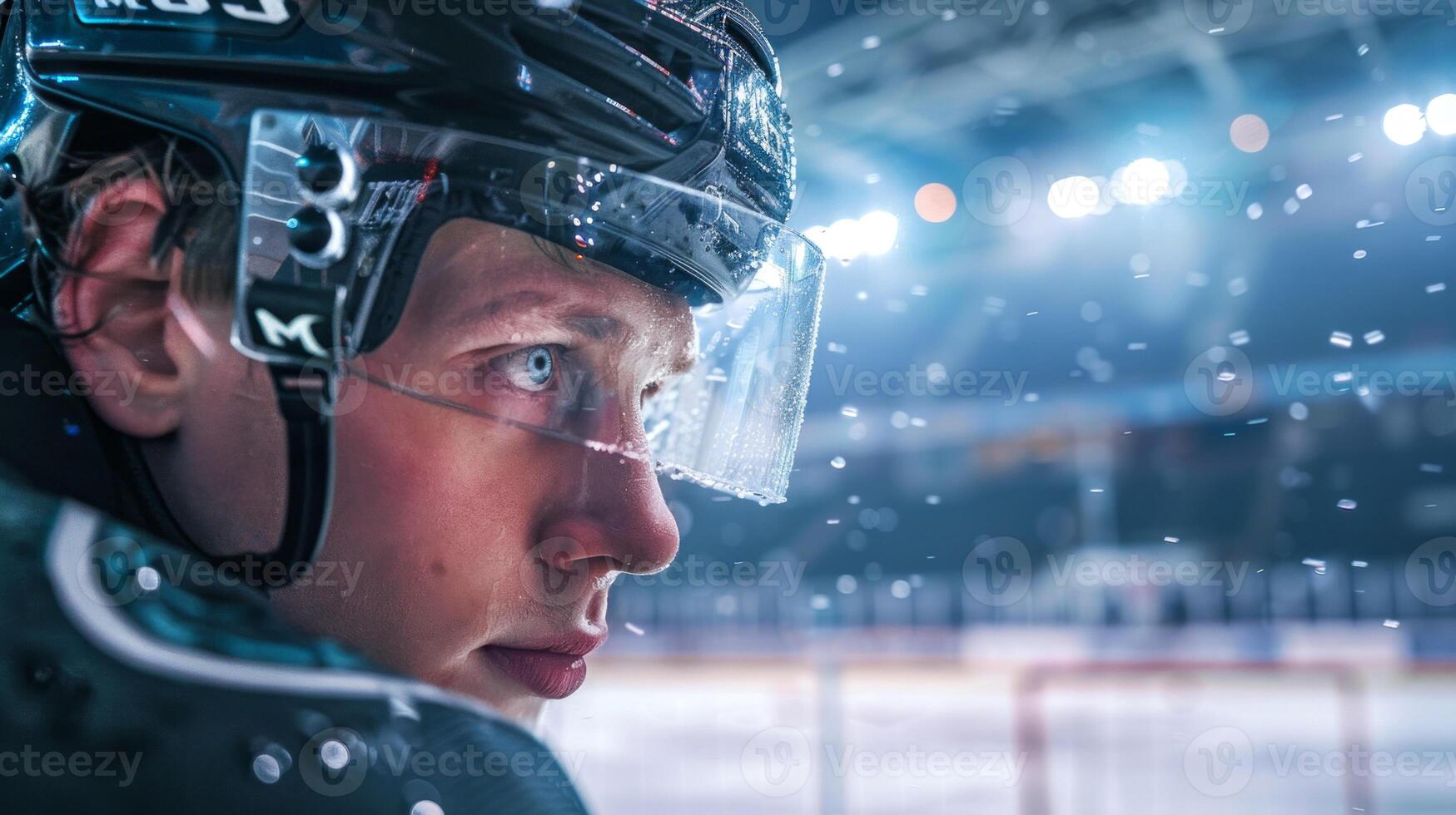 Young Caucasian man adjusting his hockey helmet visor on an ice rink. Concept of sports equipment, focus, dedication, hockey practice session, athletic focus photo