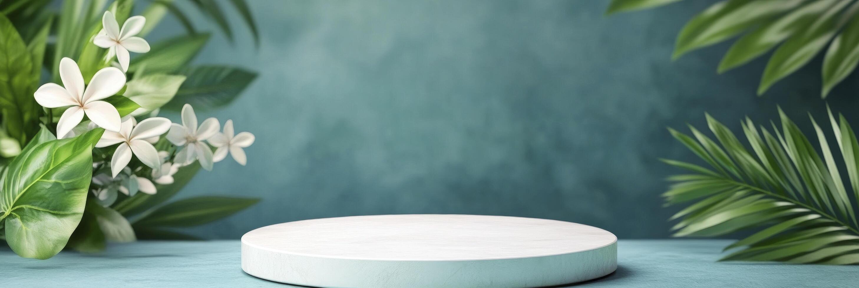 empty round podium surrounded by white flower and leaves photo
