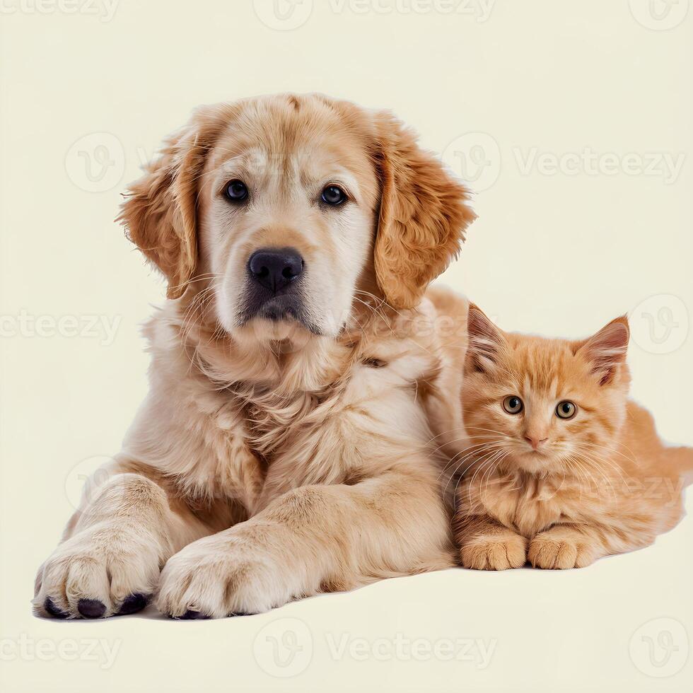 Puppy and kitten lie closely together against a plain white background For Social Media Post Size photo