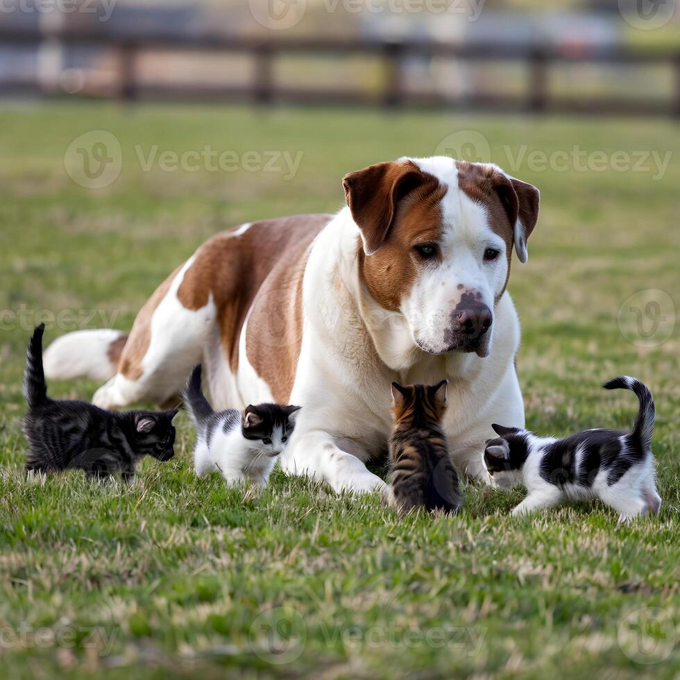 Large dog lies on green field with four kittens, blurred background hints at fence For Social Media Post Size photo