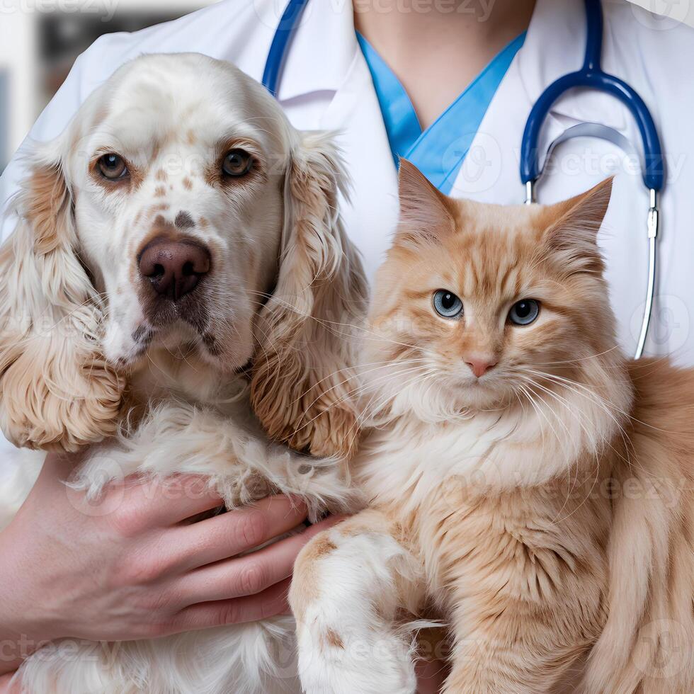 Veterinarian holds dog and cat with stethoscope in focus For Social Media Post Size photo