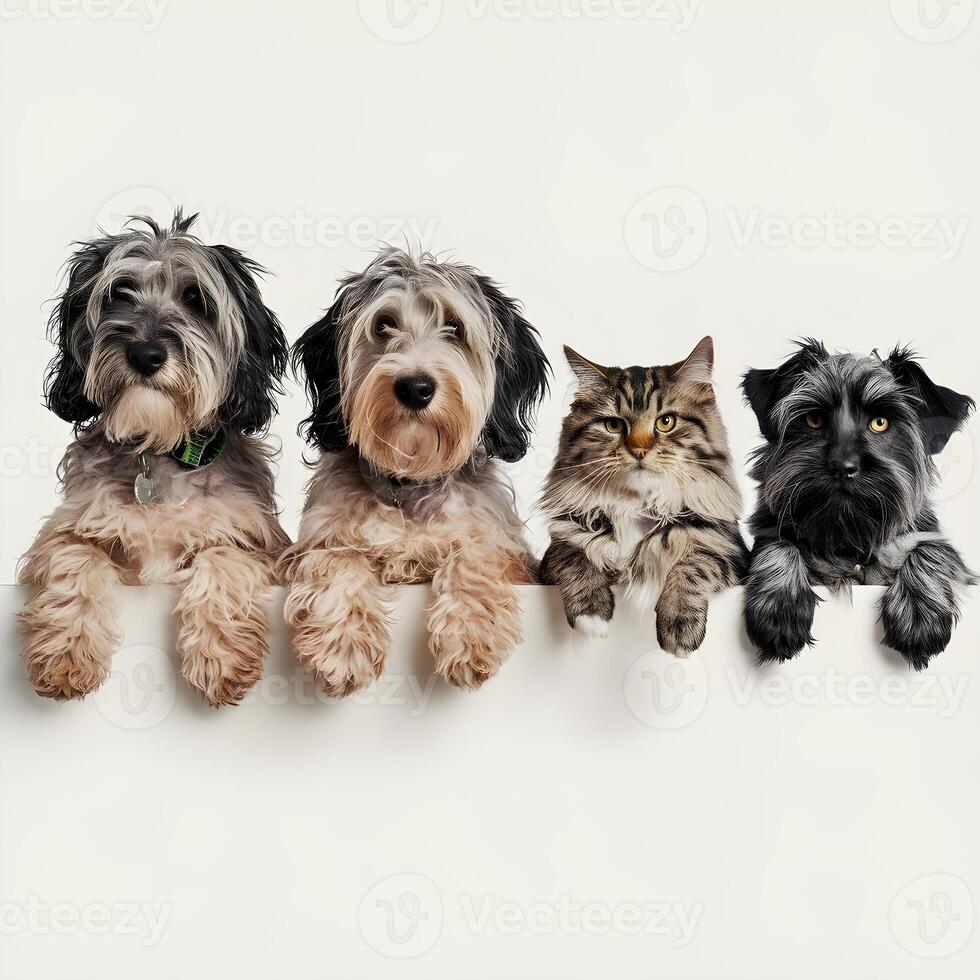 Two dogs and two cats peek over white bar, relaxed For Social Media Post Size photo
