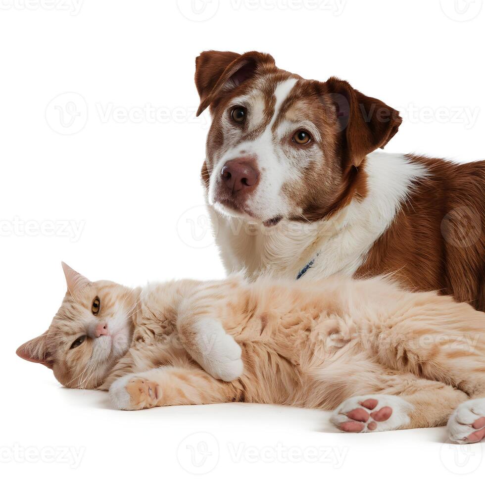Orange cat relaxes while dog looks curiously at the camera For Social Media Post Size photo
