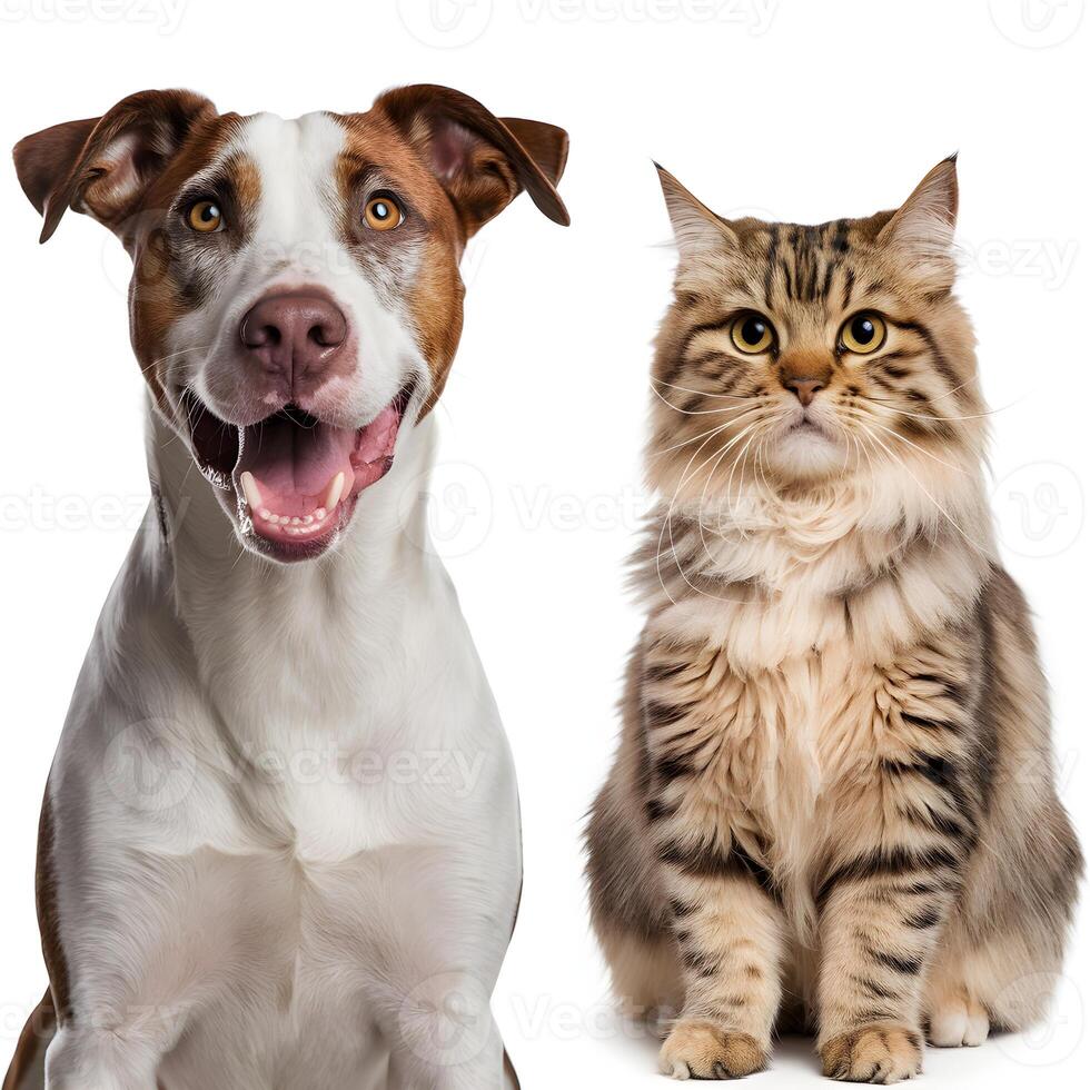 White and brown dog and striped cat with contrasting expressions For Social Media Post Size photo
