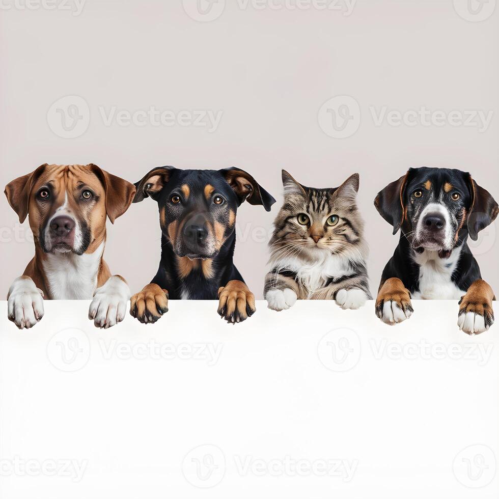 Four pets peek over white bar, curious and relaxed For Social Media Post Size photo