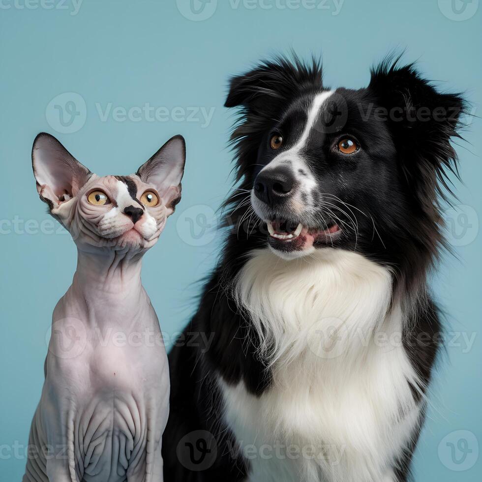 Sphynx cat and Border Collie against light blue background, both exuding calm For Social Media Post Size photo
