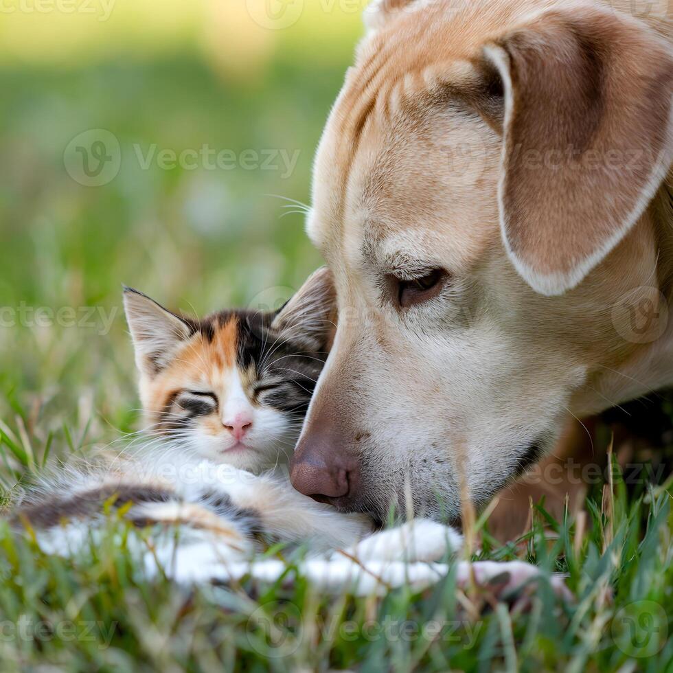 Light brown dog nuzzles relaxed kitten on grassy field, radiating affection For Social Media Post Size photo