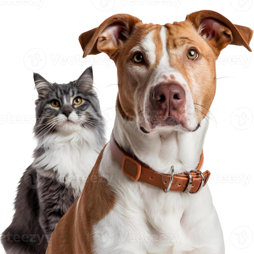Tan and white dog with gray cat, both gazing at camera For Social Media Post Size photo