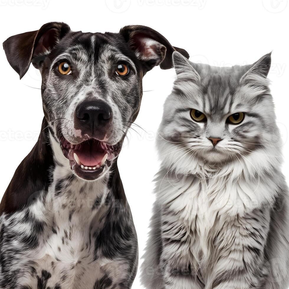 Playful dog beside focused cat, contrasting expressions For Social Media Post Size photo
