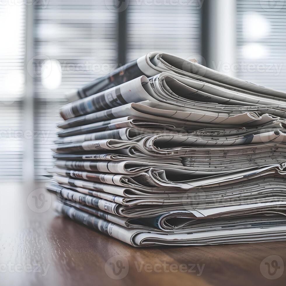 Neatly arranged newspapers on wooden surface with blurred window in background For Social Media Post Size photo