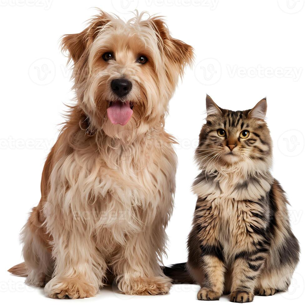 Golden dog and striped cat sit together, dogs tongue out, cat staring For Social Media Post Size photo