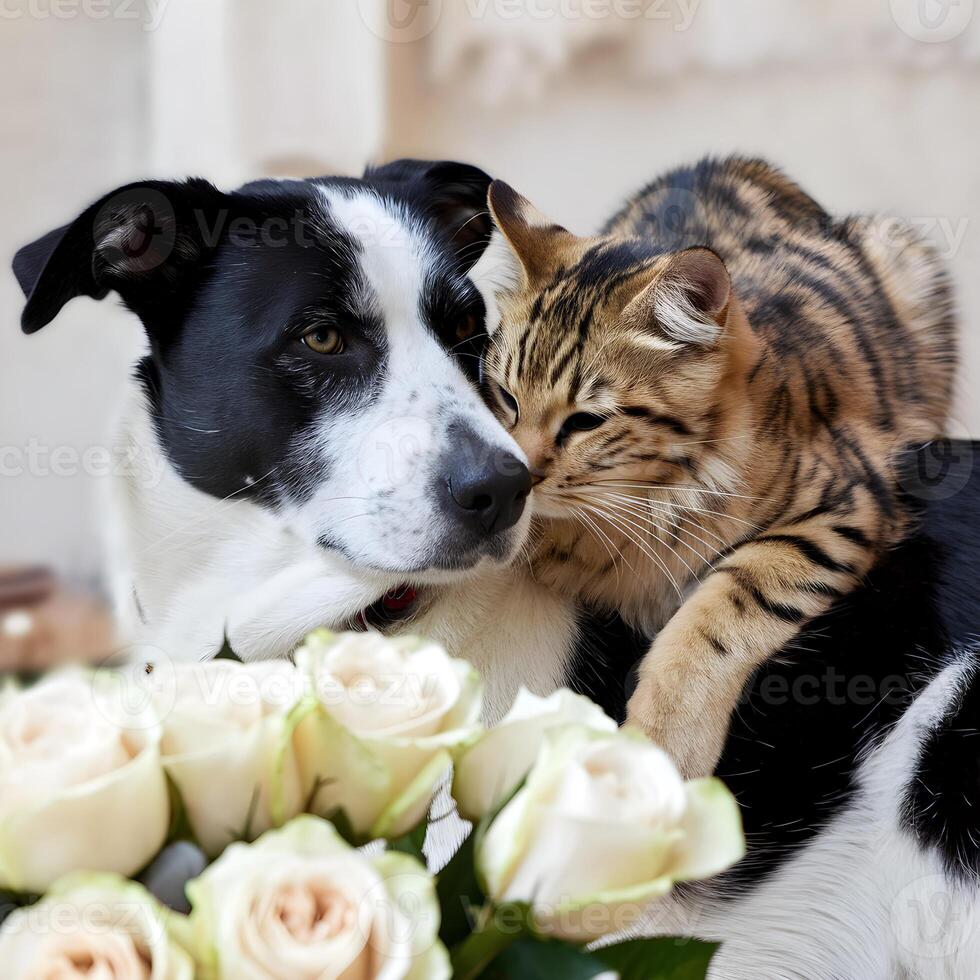 Black and white dog nuzzled by striped cat with bouquet of roses nearby For Social Media Post Size photo