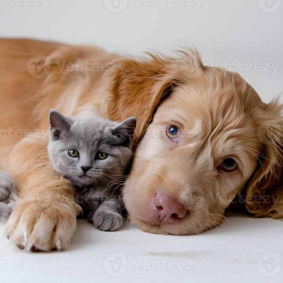 Golden puppy nuzzles gray kitten, both lying peacefully against a white background For Social Media Post Size photo