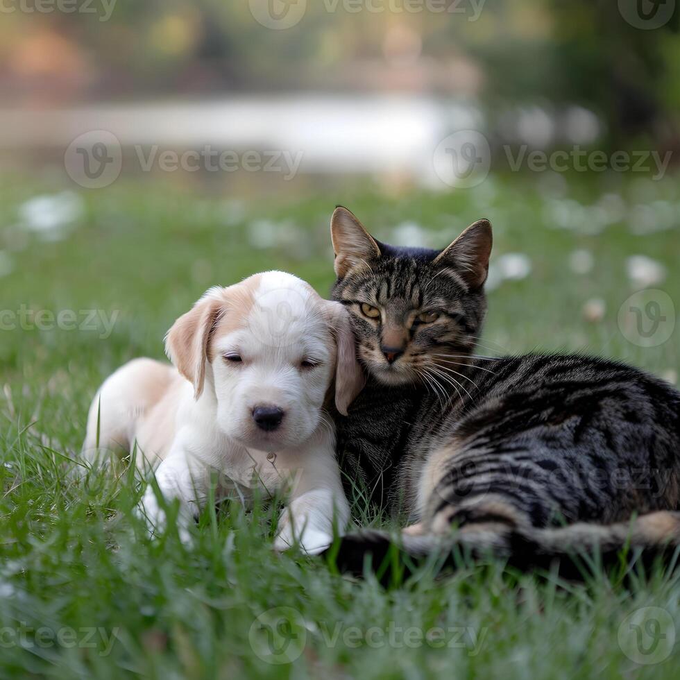Puppy rests its head on a cat in a green grassy field For Social Media Post Size photo