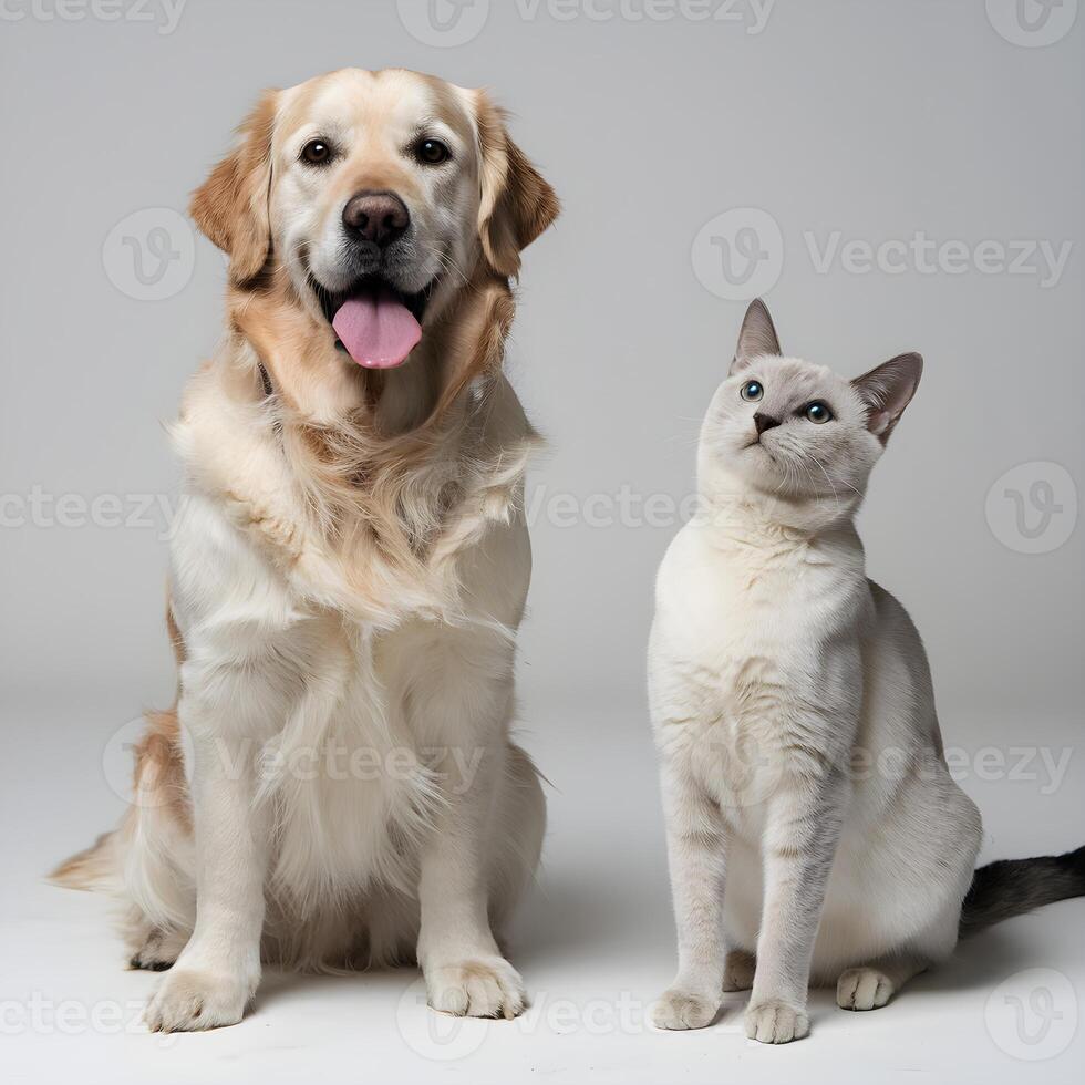 Golden Retriever with tongue out sits beside a Siamese cat, white background For Social Media Post Size photo