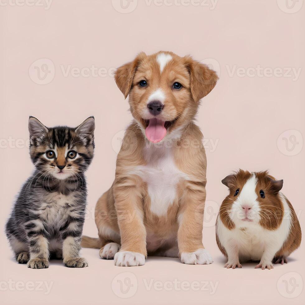Puppy, kitten, and guinea pig on a plain white background For Social Media Post Size photo