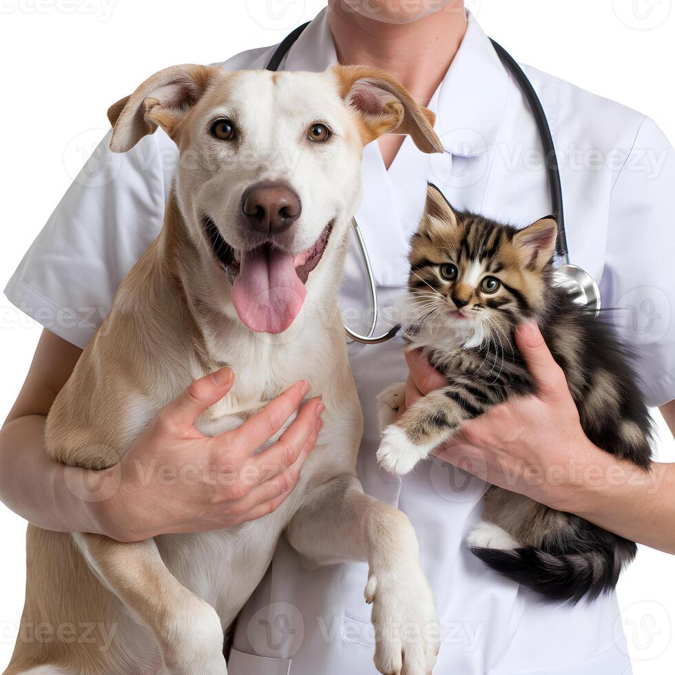 Veterinarian in white uniform cradles happy dog and curious kitten For Social Media Post Size photo