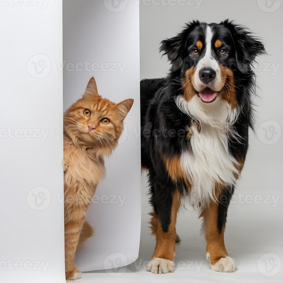 Ginger cat peeks from behind banner Bernese Mountain Dog stands beside it For Social Media Post Size photo