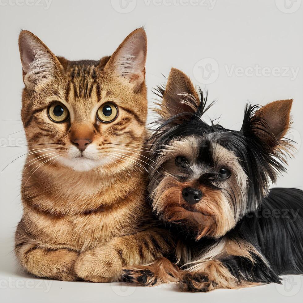 Close up of striped cat and Yorkshire Terrier, both relaxed against a white background For Social Media Post Size photo