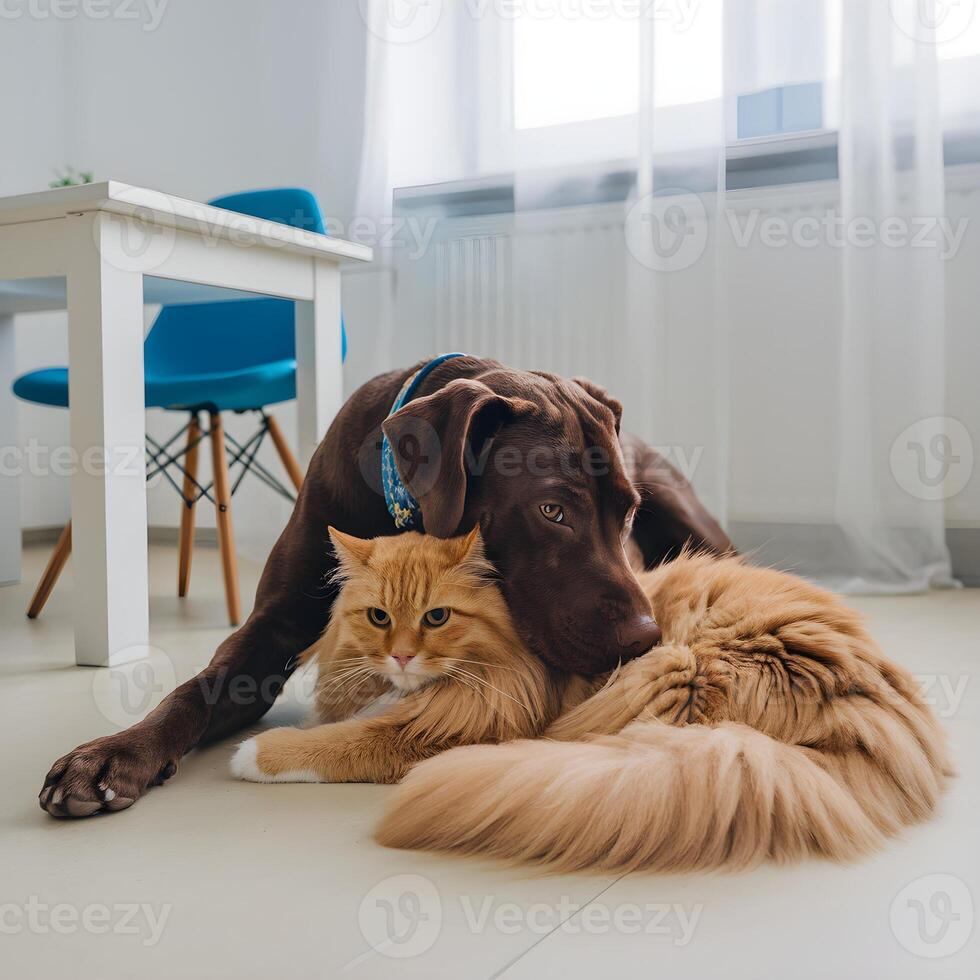 Chocolate dog rests head on fluffy orange cat in room For Social Media Post Size photo