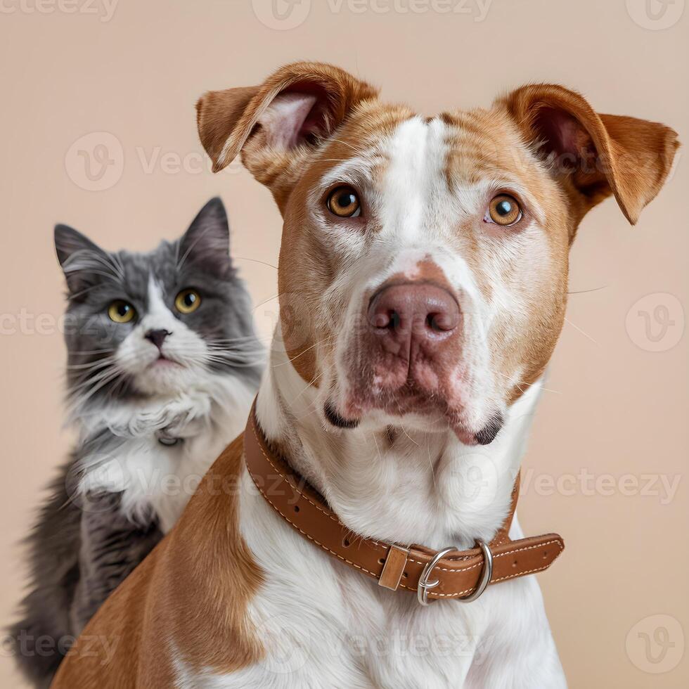 Tan dog and gray cat, both groomed and healthy For Social Media Post Size photo
