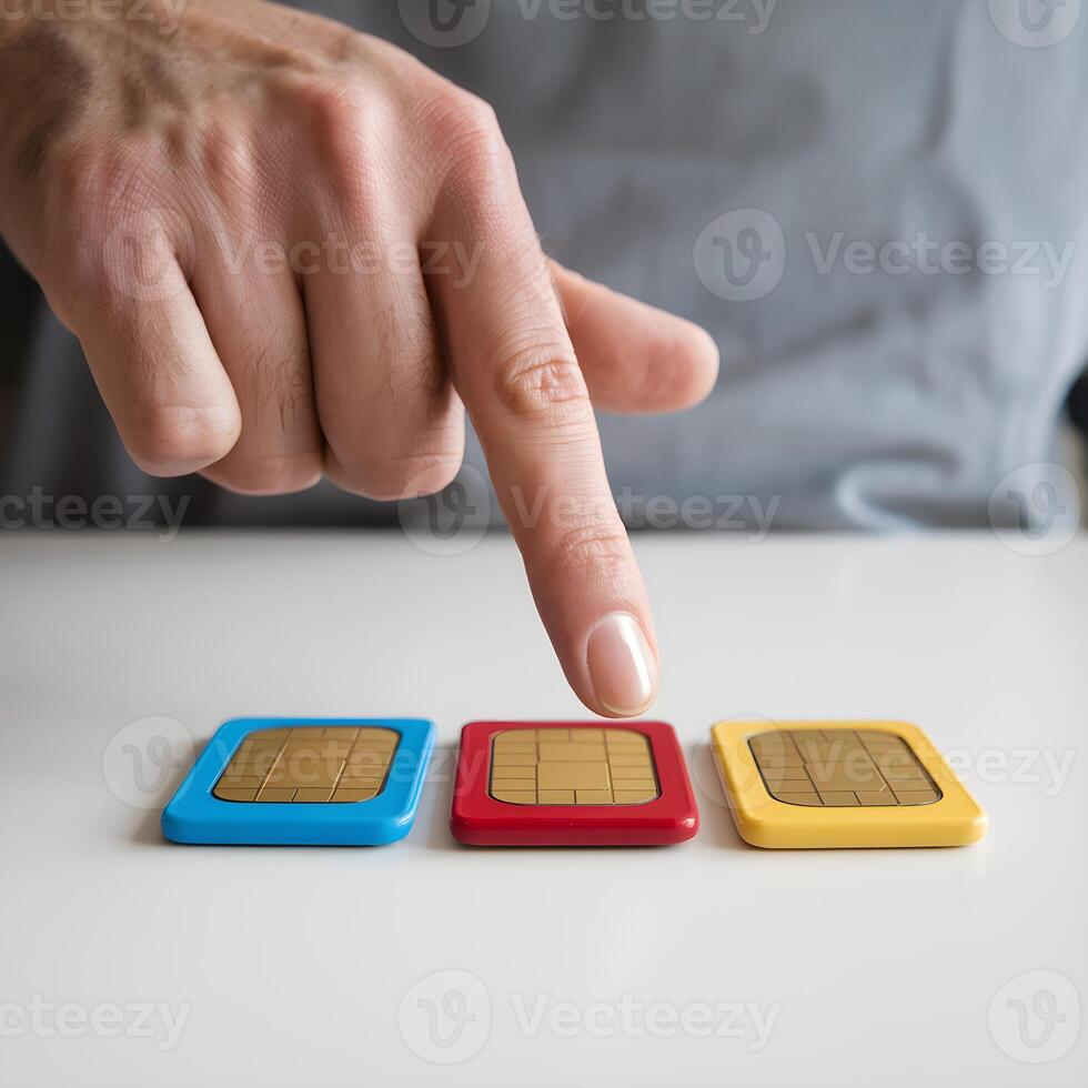 Hand pointing at three colorful SIM cards on a white surface For Social Media Post Size photo