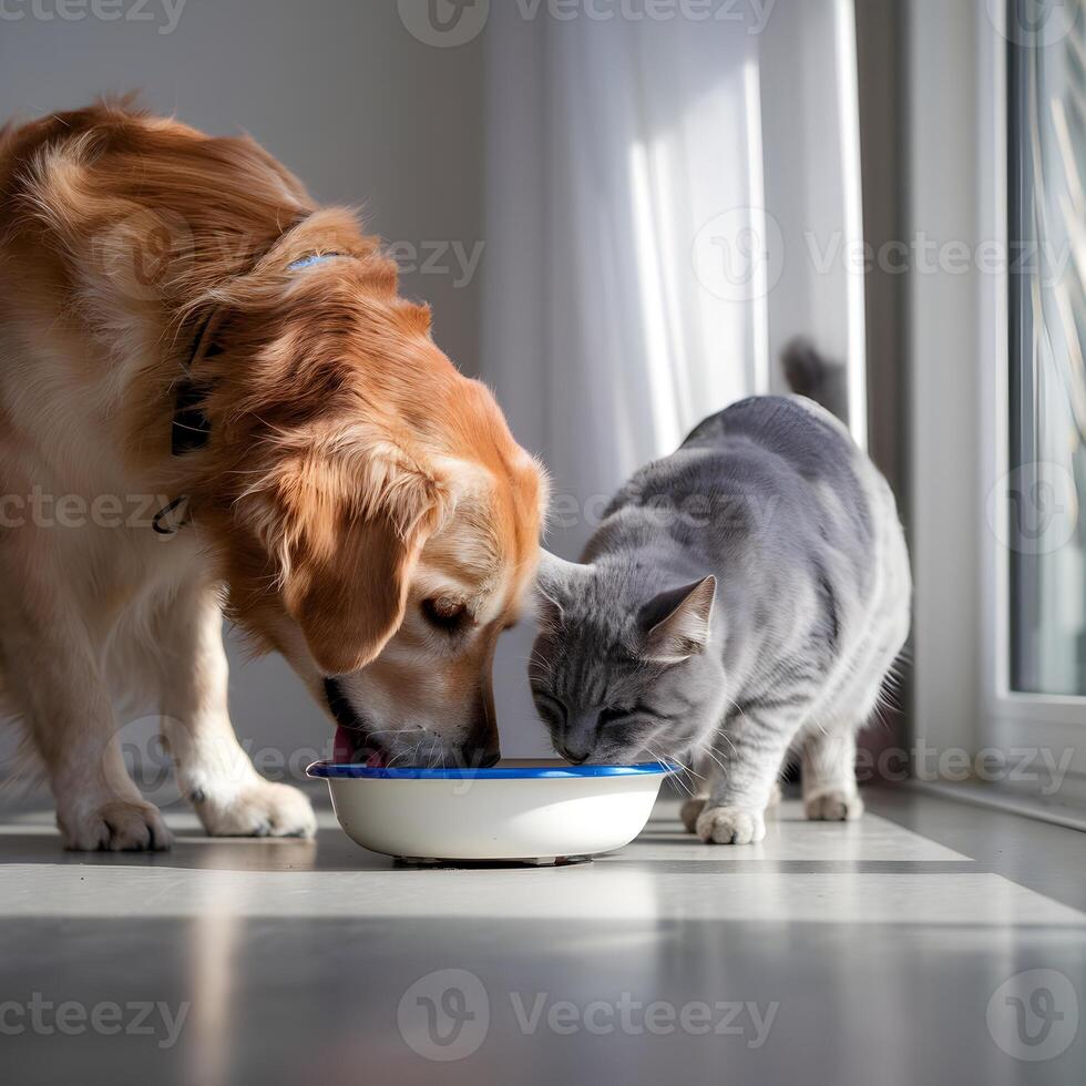Golden Retriever and gray cat drink together from a white bowl, light streaming in For Social Media Post Size photo