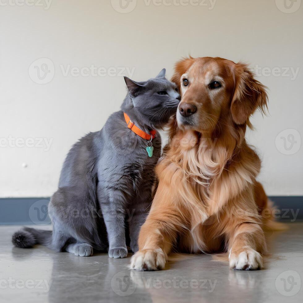Gray cat nuzzles golden dog, both seated on a smooth floor, light wall behind For Social Media Post Size photo
