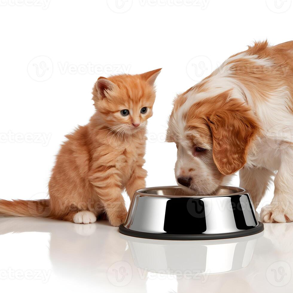 Orange kitten sits beside a silver bowl as puppy gazes toward it For Social Media Post Size photo