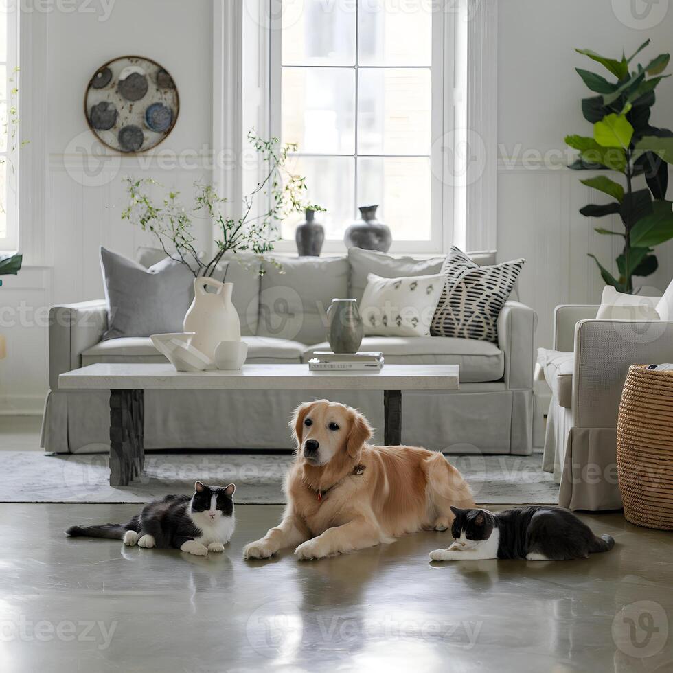 Golden retriever rests between two gray and white cats on a polished floor For Social Media Post Size photo