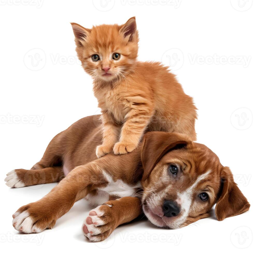 Ginger kitten perched on brown puppy, both staring directly at the camera For Social Media Post Size photo