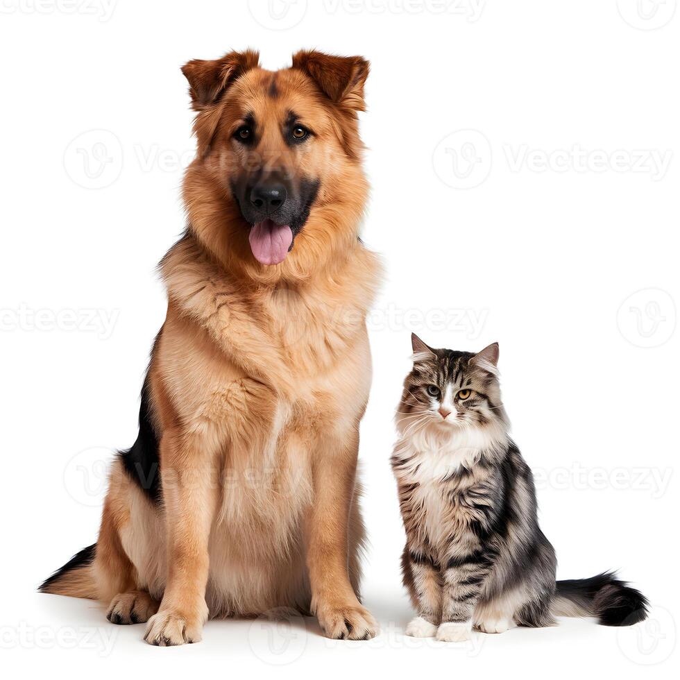 Golden dog and striped cat, both sitting, white background emphasizes their features For Social Media Post Size photo