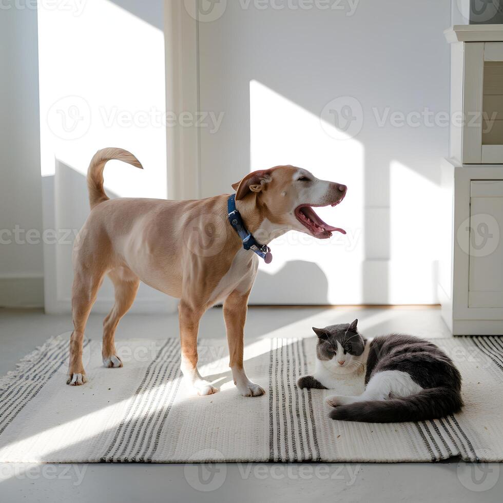 Dog mid yawn, relaxed cat on striped rug, sunlight streaming through window For Social Media Post Size photo