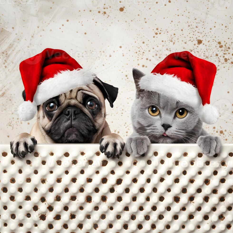 Pug and gray cat in Santa hats peek over a textured surface For Social Media Post Size photo