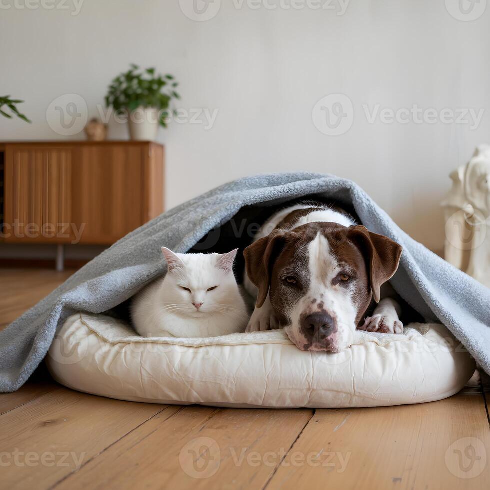 White cat and brown dog snuggled under gray blanket on soft white bed For Social Media Post Size photo