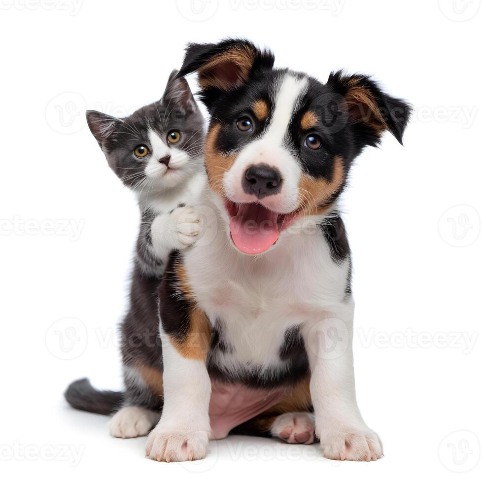 Tricolor puppy and gray kitten embrace, appearing happy against a white background For Social Media Post Size photo