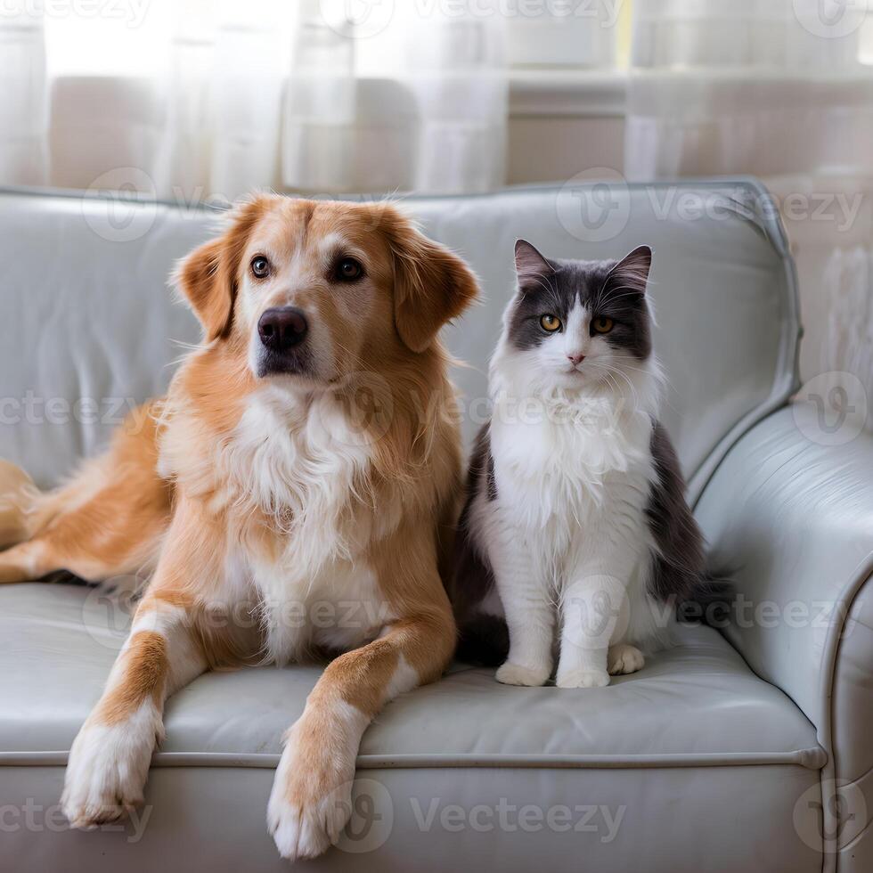 Dog and cat sit calmly on light gray couch For Social Media Post Size photo
