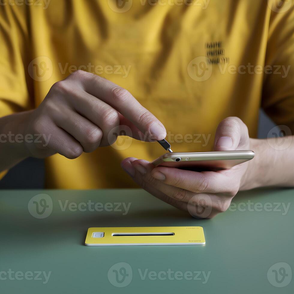 Person in a yellow shirt holds a smartphone and a small tool For Social Media Post Size photo