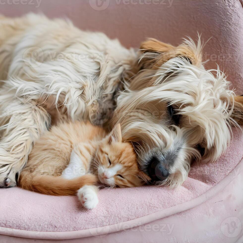 Fluffy dog and ginger kitten asleep on soft pink surface, radiating affection For Social Media Post Size photo