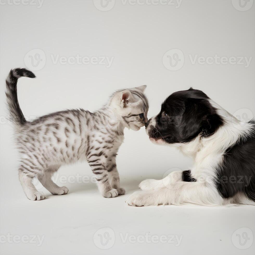 Tender moment as kitten touches noses with lying puppy, plain white background For Social Media Post Size photo