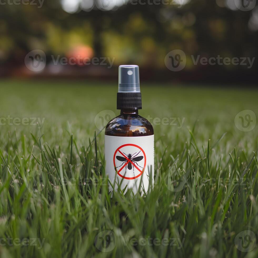 Spray bottle on lush lawn, labeled mosquito repellent with blurred green background For Social Media Post Size photo