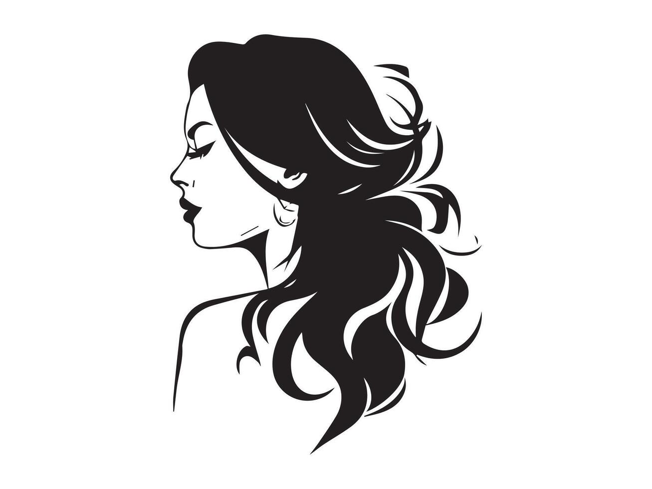 Black silhouette of a woman with flowing hair in profile on a white background. Concept of femininity, beauty, minimalist design, stylish haircut. Print, icon, design element vector