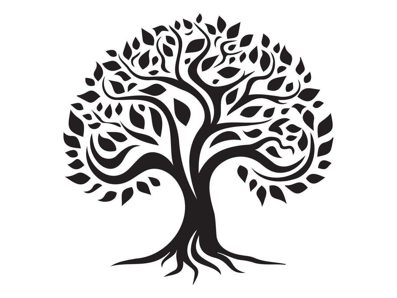 Silhouette of an intricate tree with roots and leaves isolated on a white background. Concept of nature illustration, abstract art, minimalism, foliage vector