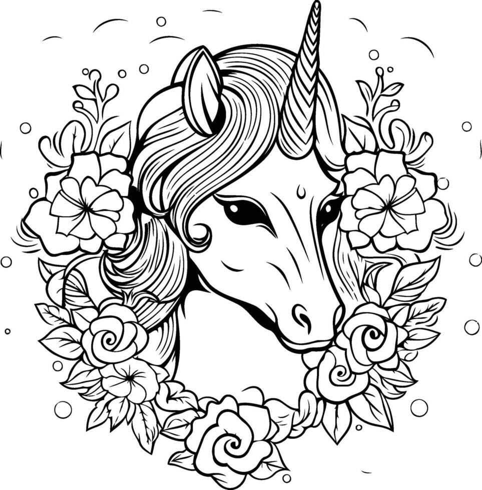 A unicorn with flowers in her hair coloring pages vector