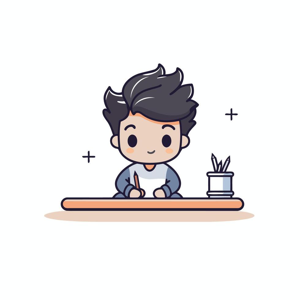 A cartoon boy sitting at a desk with a pen vector